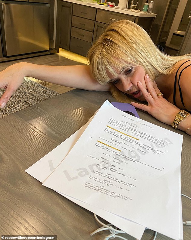 The Morning Show actress included snippets of herself at home and at work. In one snapshot, she was seen making a tired expression after studying a script