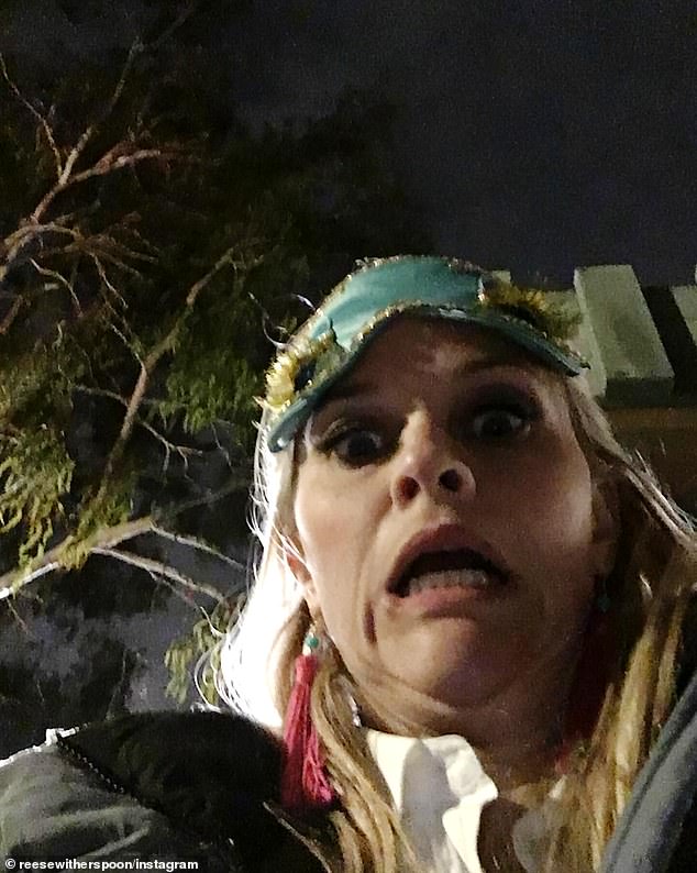 The Morning Show star included a nighttime selfie, in which she was wearing Audrey Hepburn's iconic bedtime look from the film Breakfast at Tiffany's