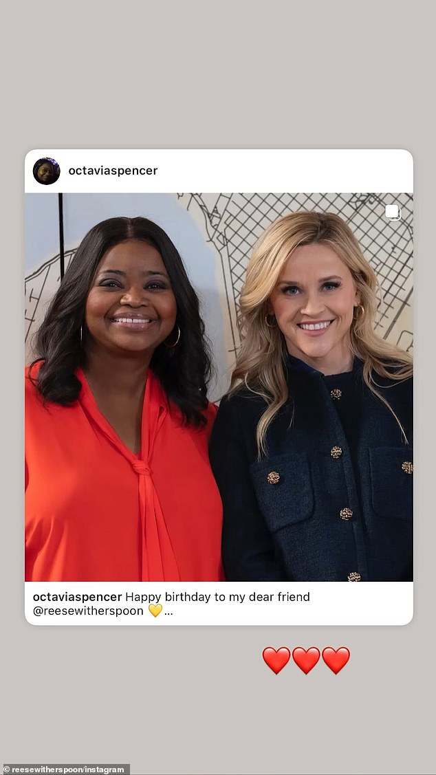 Octavia Spencer also shared a sweet post to her 'dear friend.' Witherspoon reposted a photo of them smiling together and added red heart emojis