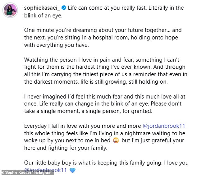 She wrote: 'One minute you¿re dreaming about your future together¿ and the next, you¿re sitting in a hospital room, holding onto hope with everything you have'