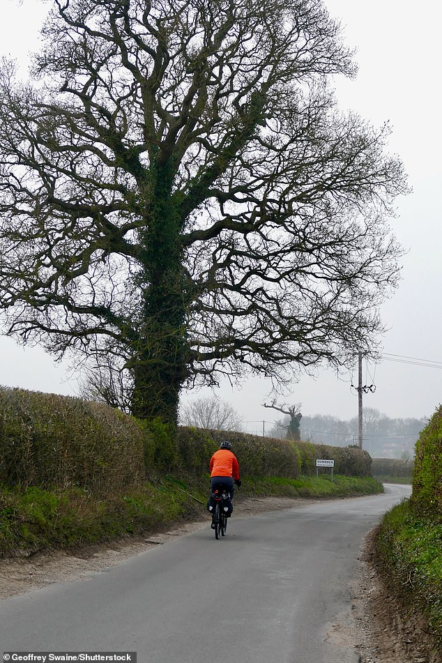 A cyclist travels on a road on a dull morning in the Oxfordshire countryside at Dunsden today