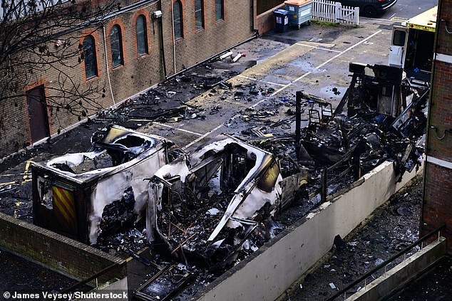 Three of the community ambulances were left in pieces and burned out after fires triggered explosions inside the vehicles