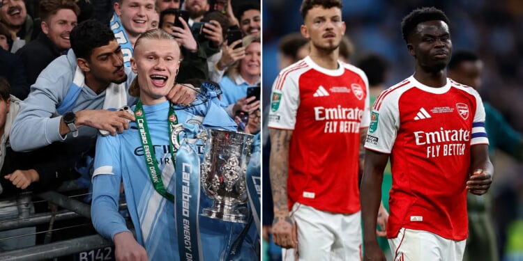 Erling Haaland roars 'let's f***ing have it' with Carabao Cup trophy in his hand as Man City chase down wounded Arsenal