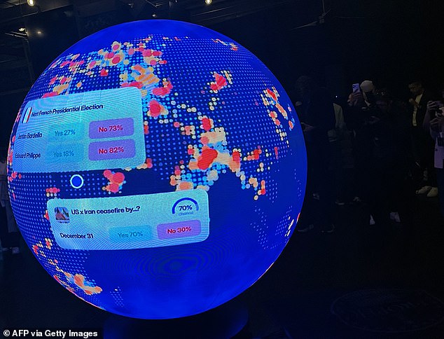 An LED sphere screen shows information inside the new location of the prediction market online platform Polymarket called 'The Situation Room', during its opening day last week