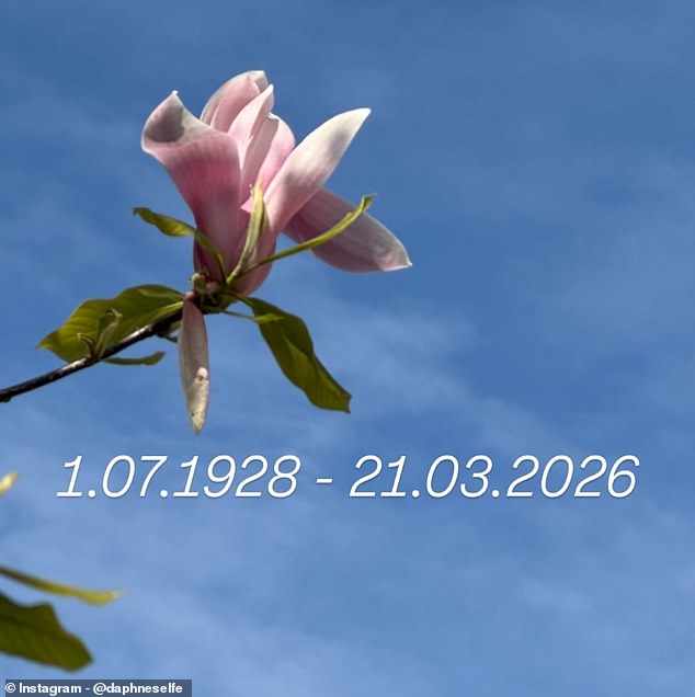 Daphne's family shared a post on Instagram on Monday to announce her death, which was understood to be from natural causes, featuring a photo of pink magnolia blossom against a blue sky with the dates '1.07.1928 - 21.03.2026'