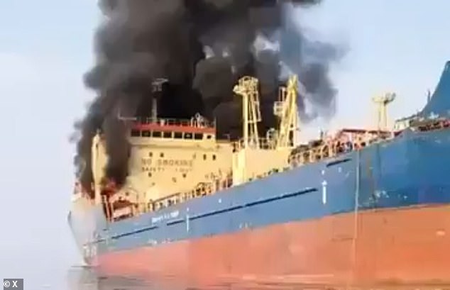 Smoke plumes out of an oil tanker on the Strait of Hormuz amid the Iran war. Trump suggested the major shipping passageway could be 'jointly controlled' by the US and 'whoever the ayatollah is'