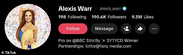 Meanwhile Karen, who was Strictly's longest serving dancer, is similar story with her 9,122 followers while safe newcomer Alexis Warr, 25, has a whopping 190,000