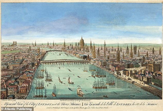 A panorama of the City of London and the River Thames in 1751, five years after the map was published. The Tower of London is on the right, and St Paul's Cathedral further down the river