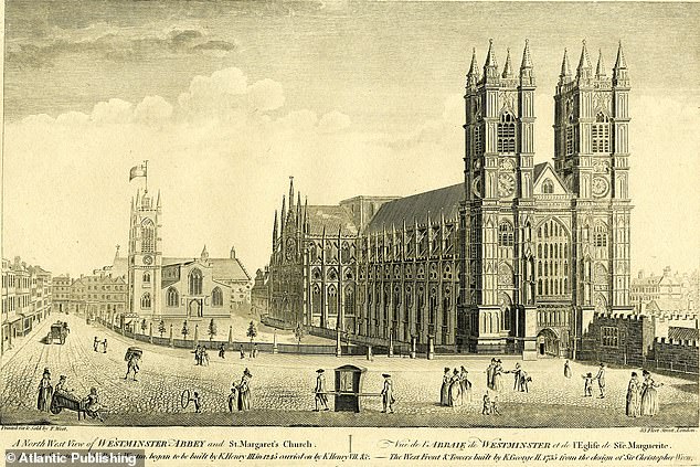 Westminster Abbey and St Margaret's Church on the left are shown in this print from 1753