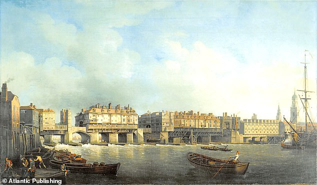The first London Bridge as it appeared in 1757, before the houses on it were pulled down
