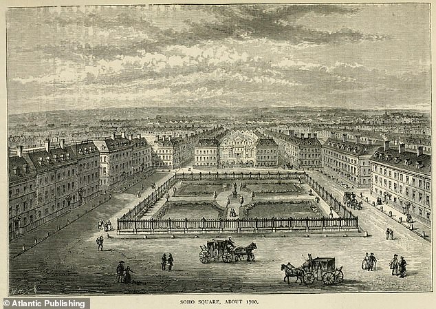 Soho Square looking south to Monmouth House, the Duke of Monmouth's 17th-century home