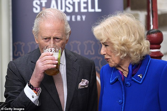 Shortly before holding up his effort to the cameras and taking a sip, the King and Queen reunited, and Camilla was seen informing her husband : 'We've come from the other direction. I was told I must catch up with you'