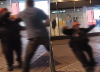 Shocking moment raging brute punches man half his size to the floor & slaps camera during heated row in city centre
