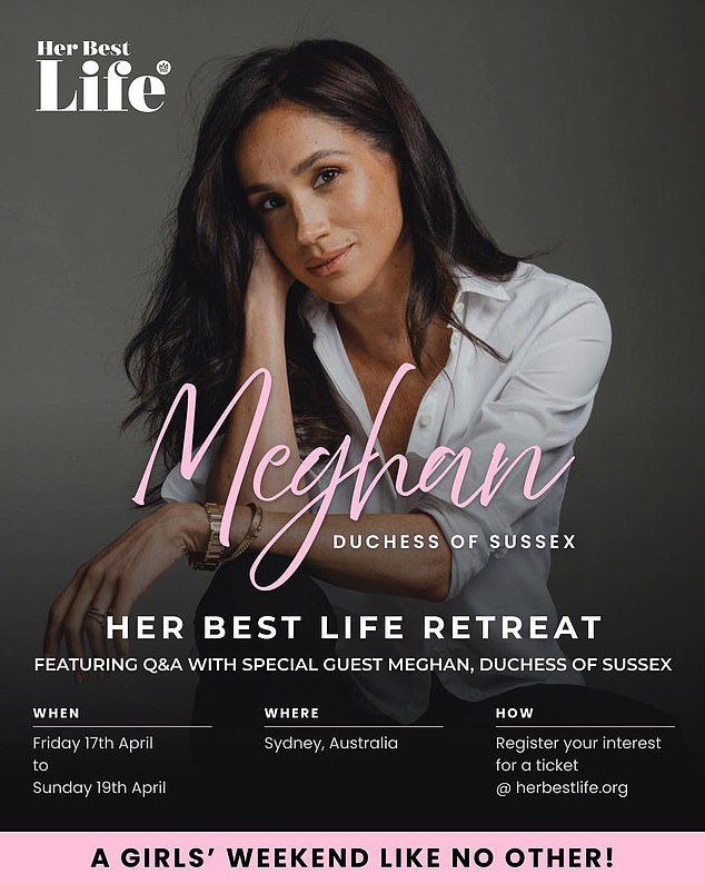 Meghan is appearing at a women-only event in Sydney, which is described as a 'girls' weekend like no other' - but the event has been rocked by problems ever since its launch