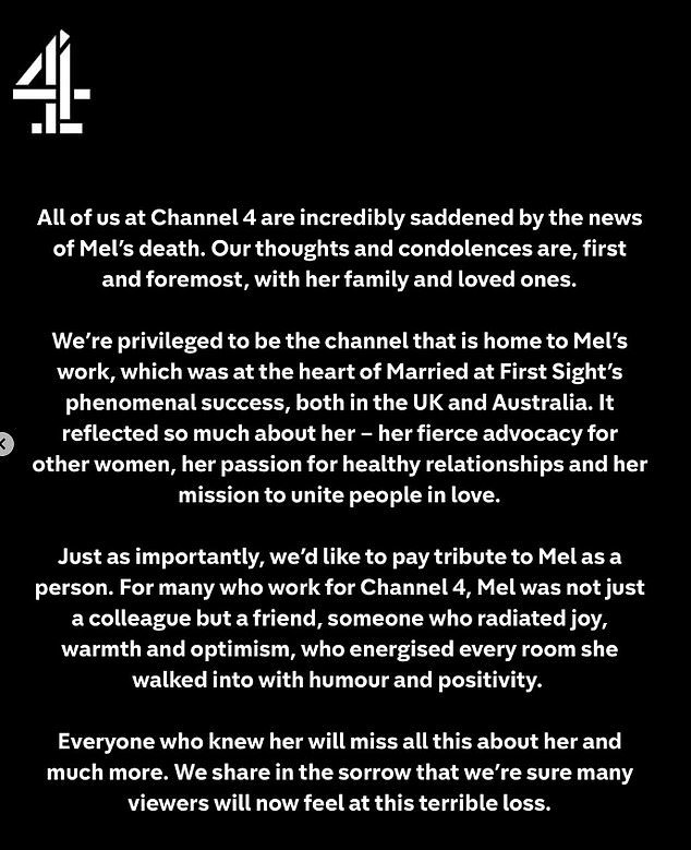Channel 4, which airs MAFS series in the UK, released a poignant statement, paying tribute to 'our friend who radiated joy, warmth and optimism'
