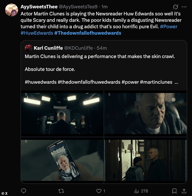 Taking to social media as the one-off drama aired, viewers heaped praise on the English actor for delivering a pitch-perfect portrayal of the Welsh Edwards