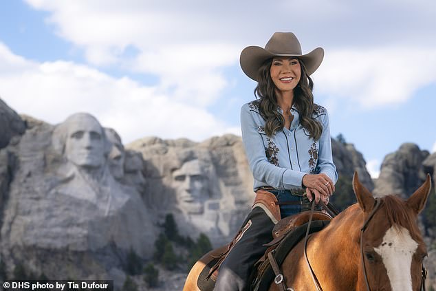Secretary of Homeland Security Kristi Noem rides a horse while filming an ad at Mount Rushmore National Memorial in South Dakota, October 2, 2025