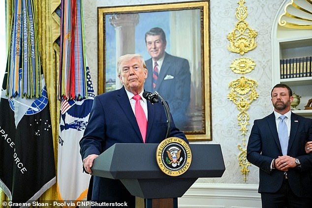 Trump speaks during a swearing-in ceremony for US Secretary of Homeland Security (DHS) Markwayne Mullin in the Oval Office of the White House on Tuesday