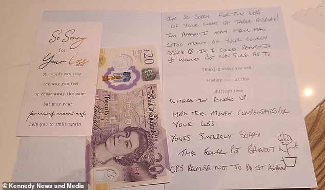 The Flower Pot Bandit sent a guilt-stricken apology card to the Northern Monkey for pinching their new plant pot