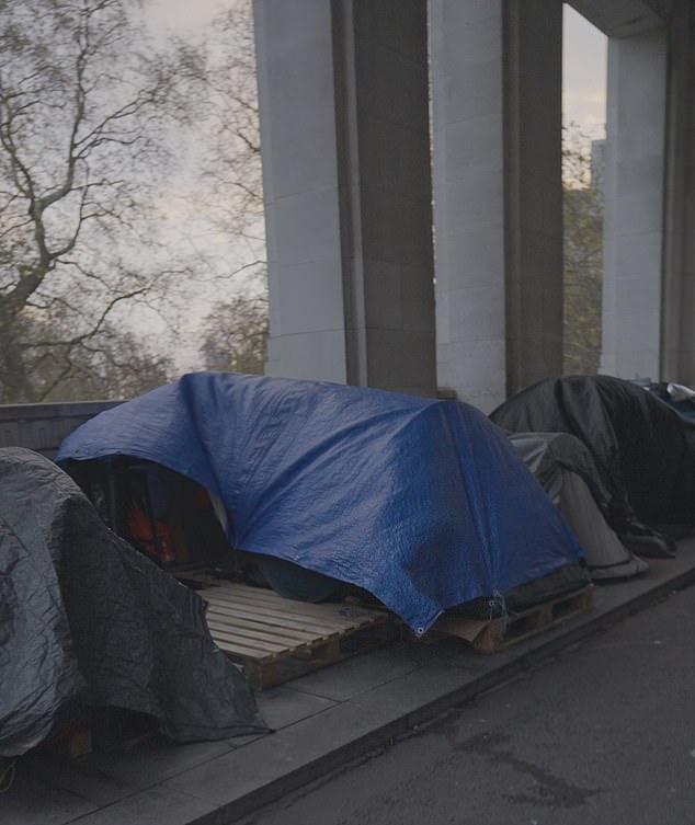 Each food drop-off offers a brief tormenting glimpse of warm homes and the ordinary rhythms of a life he can't afford. Pictured: The central London camp he lives in