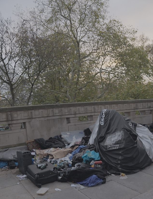 Rami, 27, from Morocco, eagerly took up my offer of a Chesterfield Red cigarette. He spends his days waiting for his phone to buzz with the next order. Pictured: The central London camp he lives in