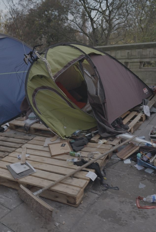 It was the pandemic that changed everything in this business. Food delivery boomed during lockdown as delivery apps proliferated and thousands of new riders were signed up. When lockdown ended and demand fell, competition for every order intensified. Pictured: The central London camp populated by food delivery riders