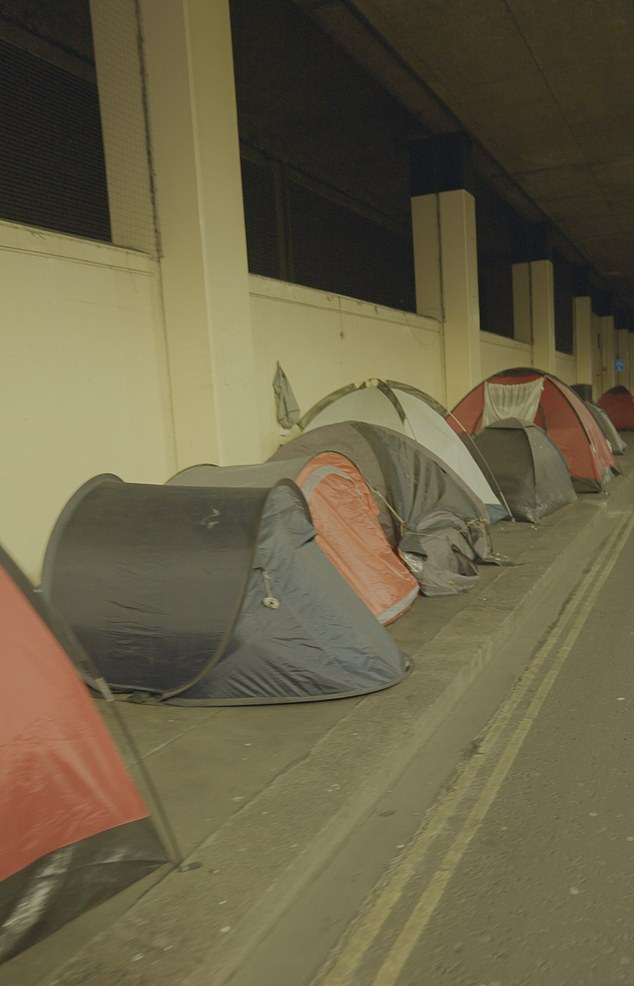 What had once been a steady stream of deliveries became a scramble for work, gradually driving down the pay for each job. Pictured: The makeshift London camp