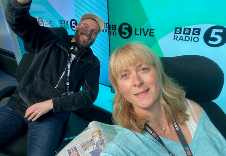 5 Live Breakfast presenters Rick Edwards and Rachel Burden.