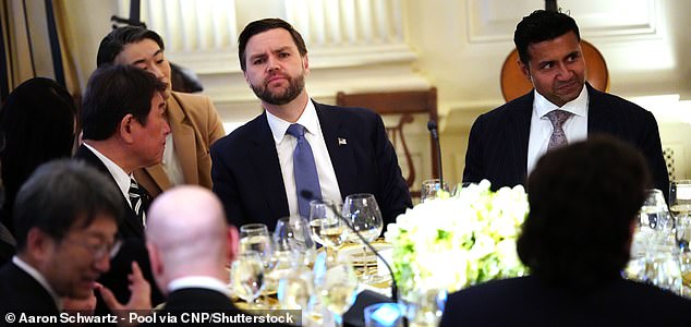 Mandatory Credit: Photo by Aaron Schwartz - Pool via CNP/Shutterstock (16781861ax) United States Vice President JD Vance attends as US President Donald J Trump hosts a dinner with Prime Minster Takeuchi Sanae of Japan in the State Dining Room of the White House in Washington, DC, USA,. Earlier in the day, The President and PM Takeuchi exchanged views on Iran, energy, and issues in the Indo Pacific region. Trump Meets PM Takeuchi Sanae of Japan, Washington, District of Columbia, USA - 19 Mar 2026