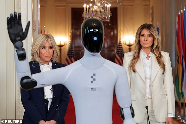 Figure 3 (center) waves to a gathering in the East Room alongside Brigitte Macron (left), the wife of French President Emmanuel Macron and First Lady Melania Trump (right)