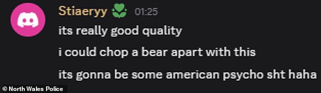 In another Discord chat, he boasted about being able to chop a bear apart with a weapon. He had at least 16 aliases on Discord and kept setting up new ones after being blocked due to the content he was posting