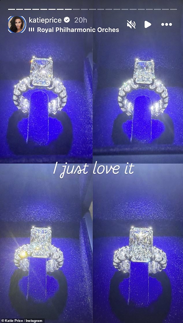 Wearing both her dazzling rings, Katie wrote: 'Love my engagement ring and anniversary ring'