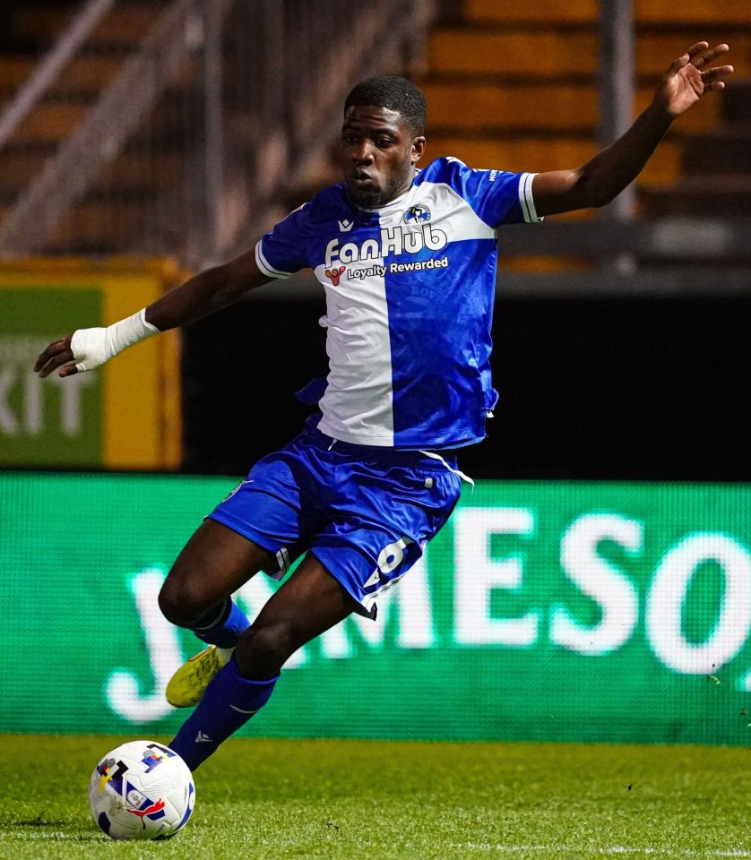 Clinton Mola of Bristol Rovers in possession of the ball during a soccer match.