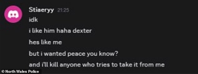 He was so divorced from reality – and obsessed with violence and mass murderers – that he became fixated on the notion that his 'devoted' mother was to blame for his unhappiness. Pictured: A message he posted on Discord about serial killer TV series Dexter
