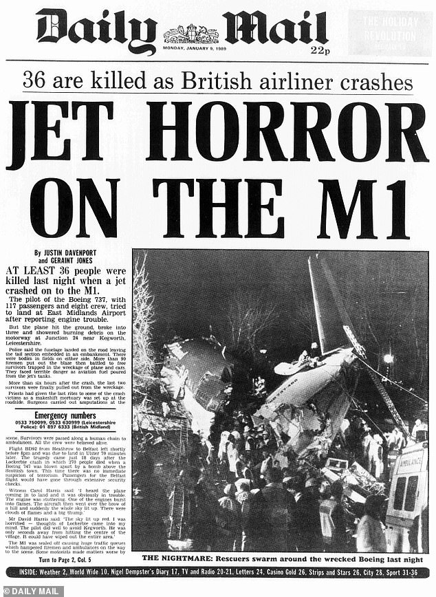 The Daily Mail's front page on January 9, 1989 - the day after the Keyworth air disaster