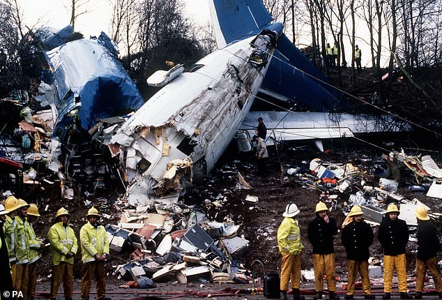 Firefighters on the scene after the British Midland plane crashed on the embankment in 1989