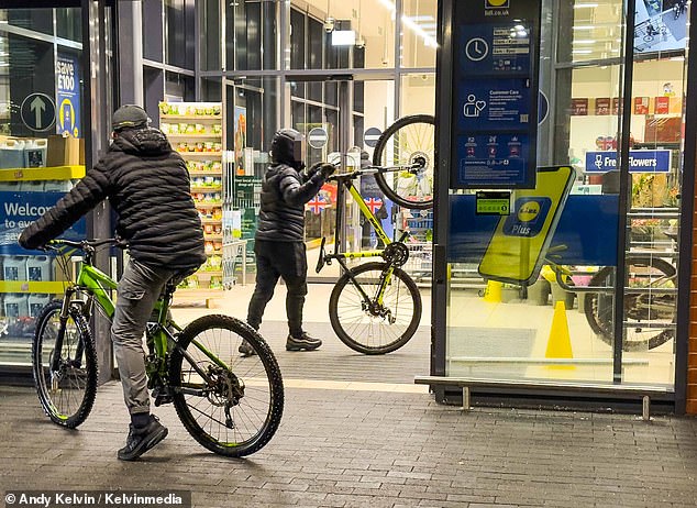 The groups of youngsters have been causing mayhem in the town centre, stealing from and physically assaulting shopkeepers. Pictured: Kids riding into the Lidl store on Princess Road