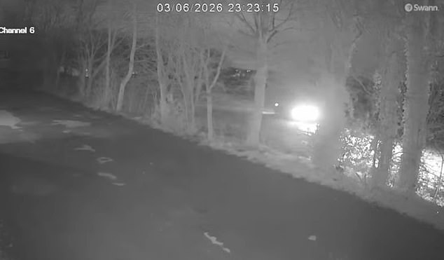 CCTV also appears to show bikes being ridden overnight (pictured) which ruined a local football pitch