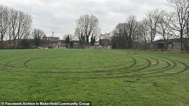 A group recklessly drove a car through a local football pitch in the middle of the night, leaving a trail of tyre marks