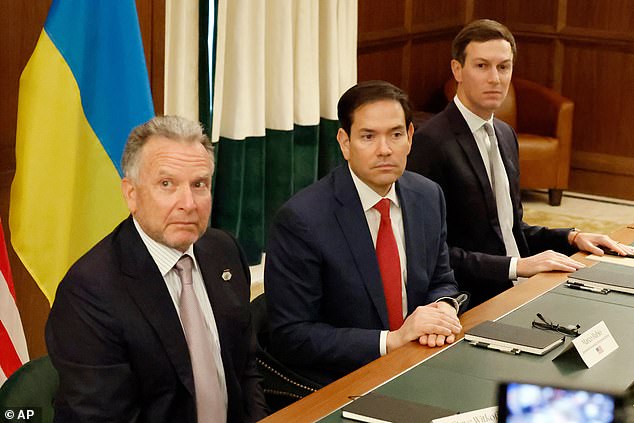 Trump has said the US is 'in negotiations right now' and that the participants include special envoy Steve Witkoff (pictured left), Trump's son-in-law Jared Kushner (pictured right), Secretary of State Marco Rubio (pictured center) and Vice President JD Vance
