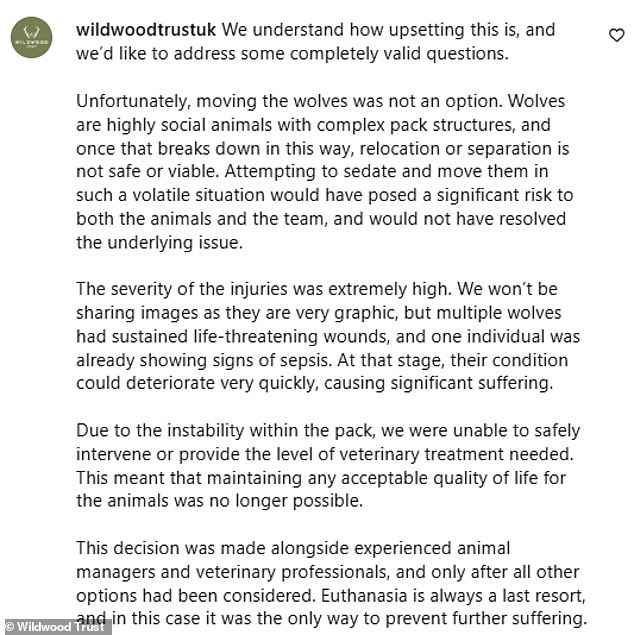 In a post on Instagram the charity also explained that attempting to sedate and move the wolves would have 'posed a significant risk to both the animals and the team'