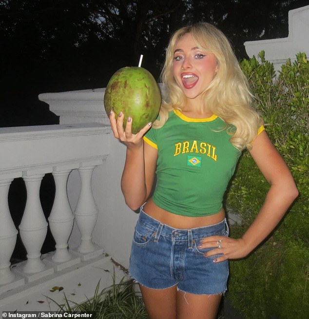 Both Carpenter and Roan were staying at the luxury hotel while they performed at the Lollapalooza festival in the Brazilian city (Sabrina is pictured at the hotel in Brazil)