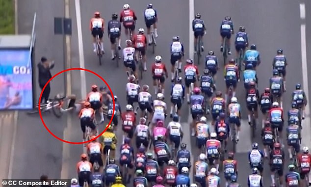 The Polish rider collided with a road sign after a clash with a rival and was rushed to hospital