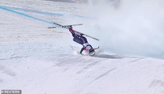 The skiing legend suffered a broken left leg after she crashed in the women's downhill