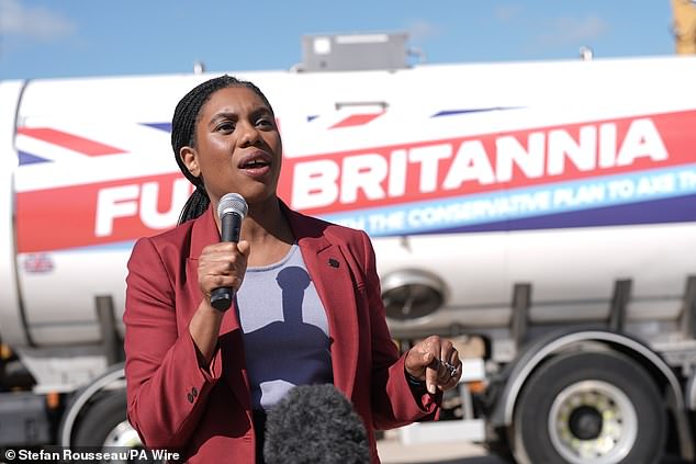 After arriving at an event in a Fuel Britannia-branded tanker to highlight the plight of families facing higher bills, Mrs Badenoch (pictured at the event) called on Labour to apologise