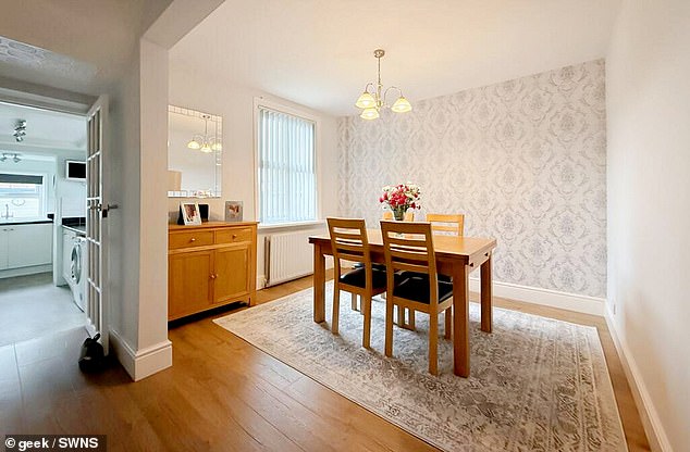 A spacious dining area offshoots from the kitchen