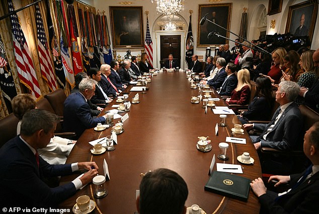 President Donald Trump's special envoy Steve Witkoff (center) speaks Thursday during a Cabinet meeting at the White House. Witkoff pushed that before the Iranian strikes, the Iranians were not negotiating in good faith