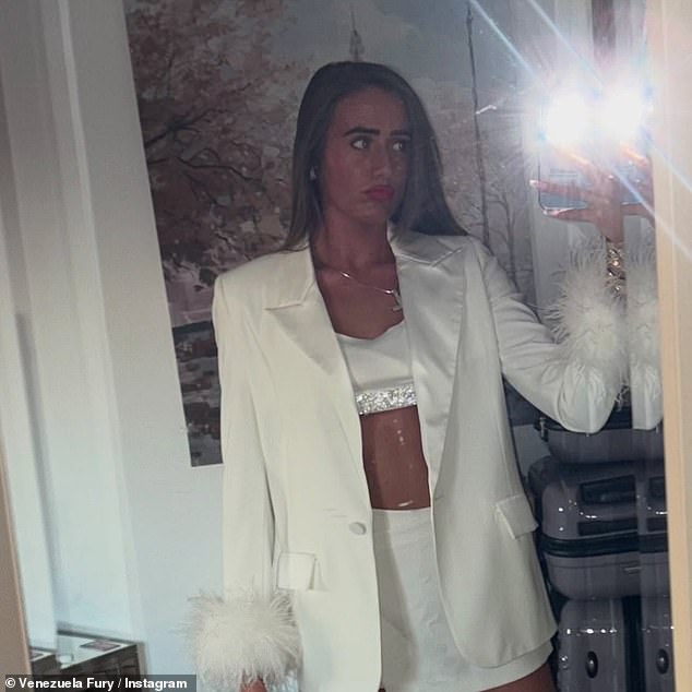 Ahead of Thursday night's festivities, the 16-year-old nailed bridal chic in a white crop top and feather trimmed blazer as she lived it up at The Cornerhouse Lancaster