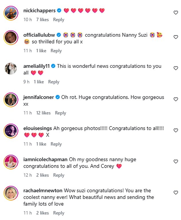 The comment section was flooded with love from Suzanne's friends as fellow Hear'Say member Kym Marsh wrote: 'This is wonderful!!! Welcome to the grandparent club!!!'