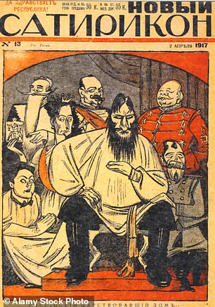Contemporary satirical cartoon of Rasputin with Tsar and generals by his side